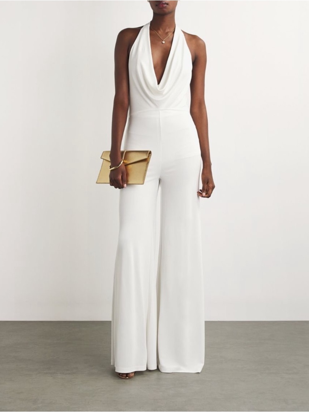 Alice + Olivia White Cowl Neck Halter Wide Leg Jumpsuit Size 6 NWT $440